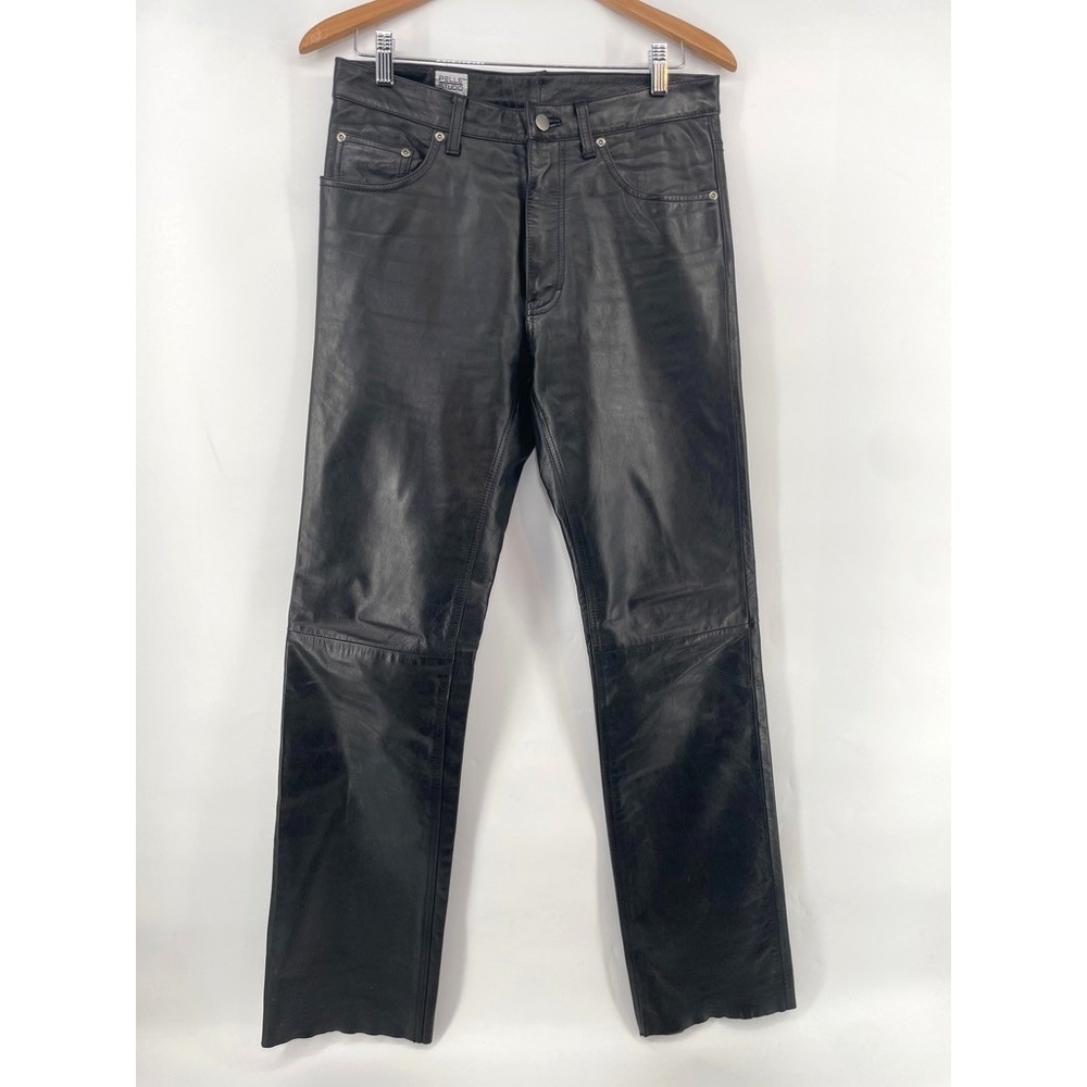 Vtg WILSONS Leather Motorcycle Pants 32x34.5 Black Y2K Biker Rock Lined Raw Hem